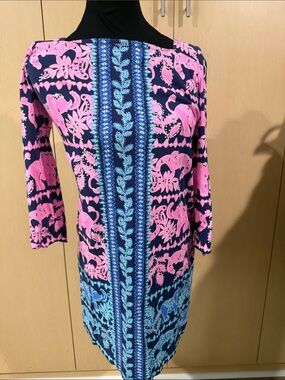 Lilly Pulitzer Navy, Pink & Light Blue Elephant Print Shift Dress